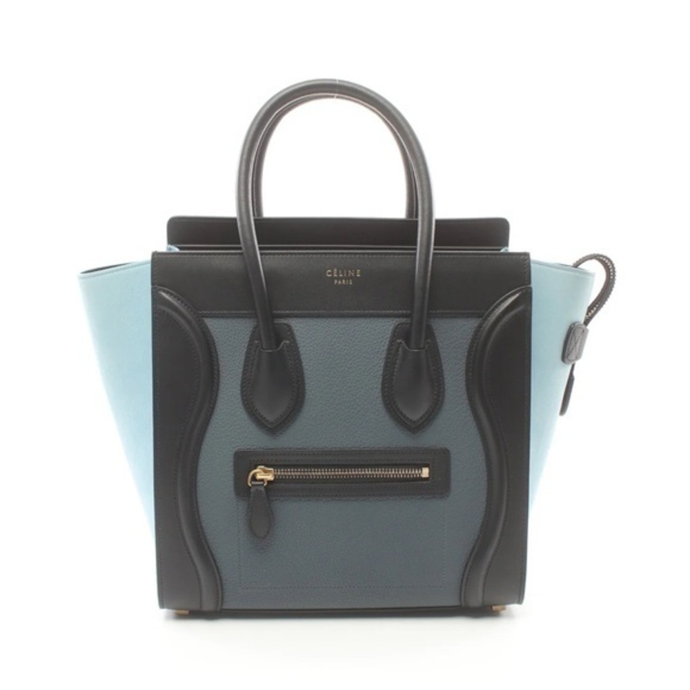 AUTHENTIC CELINE  Luggage micro Shopper Hand Bag Leather/Canvas Blue x Blach